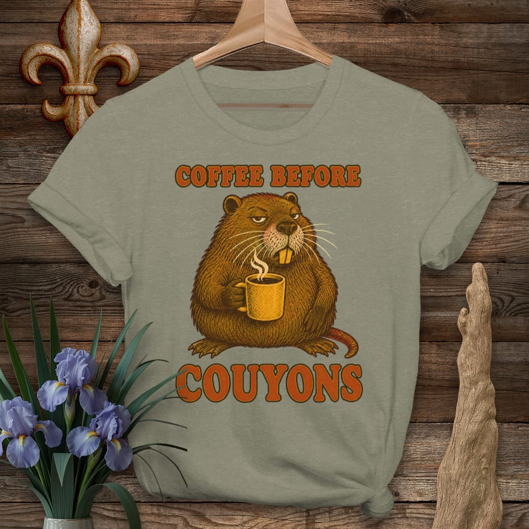 S / Heather Military Green Louisiana Coffee Before Couyons T-Shirt by Laissez Faire Wear