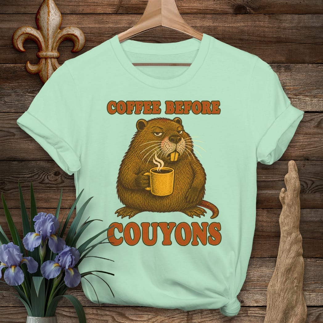 S / Mint Green Louisiana Coffee Before Couyons T-Shirt by Laissez Faire Wear