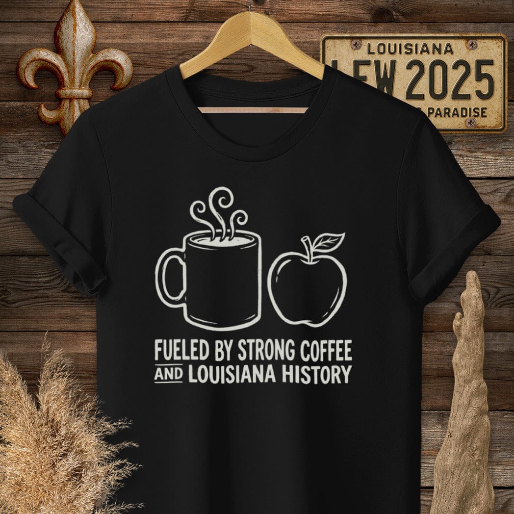 S / Black Louisiana Coffee & Louisiana History T-Shirt by Laissez Faire Wear