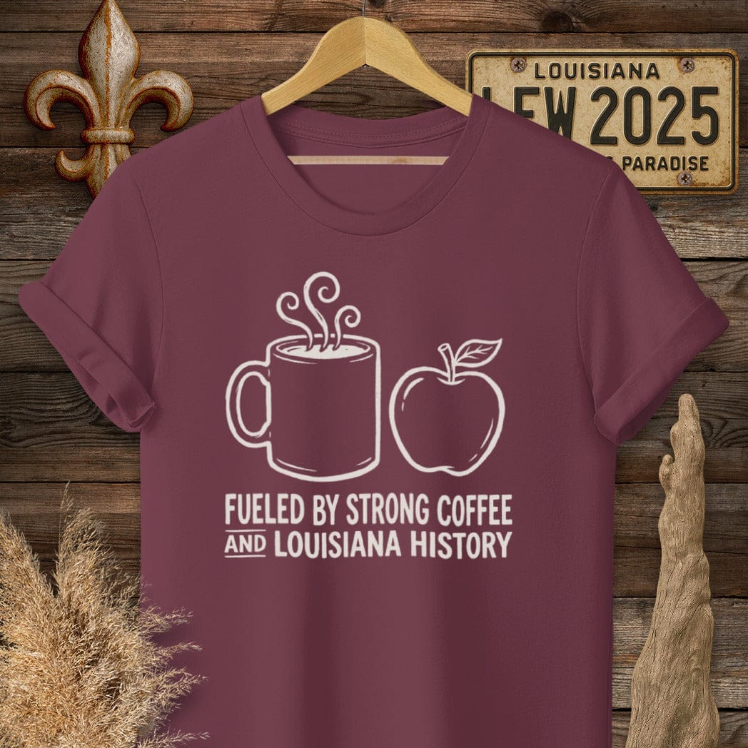 S / Maroon Louisiana Coffee & Louisiana History T-Shirt by Laissez Faire Wear