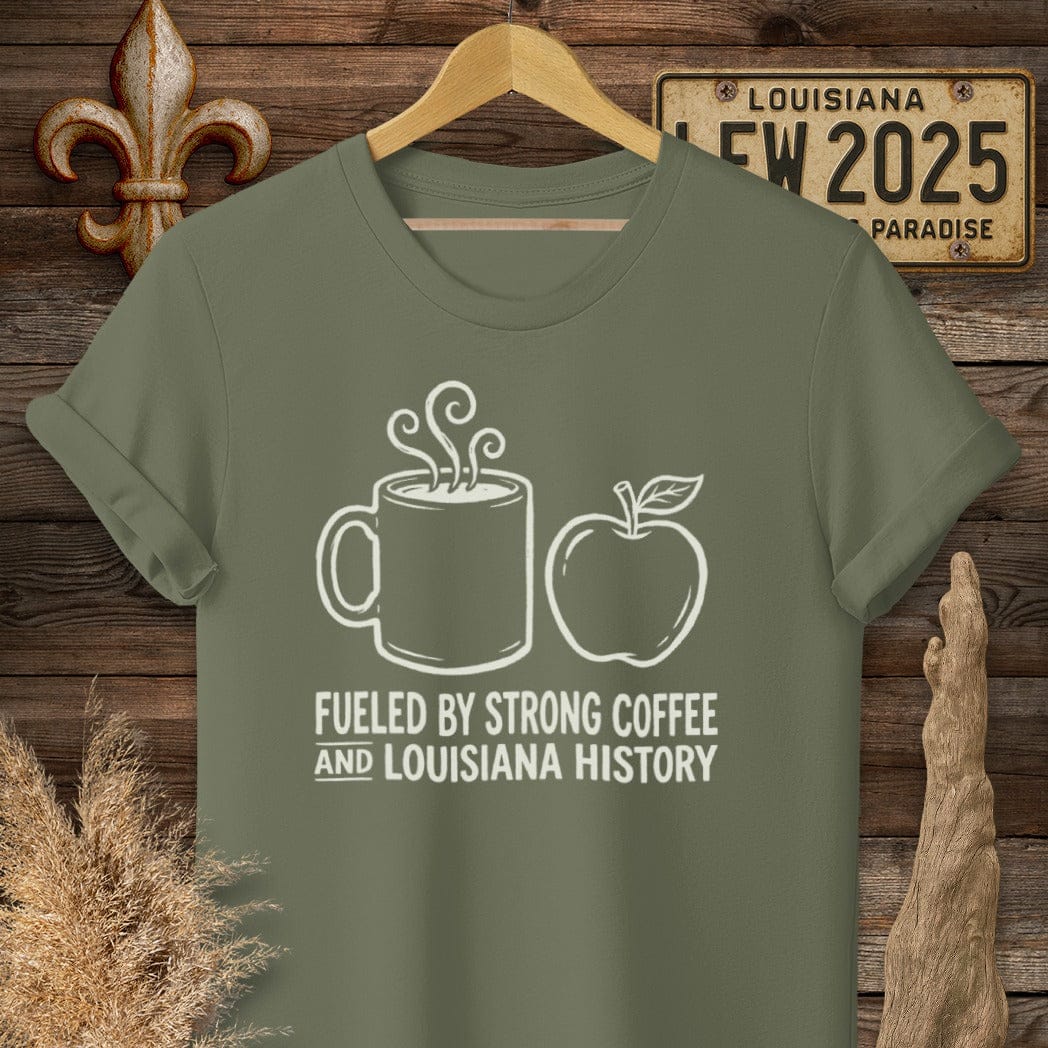 S / Military Green Louisiana Coffee & Louisiana History T-Shirt by Laissez Faire Wear