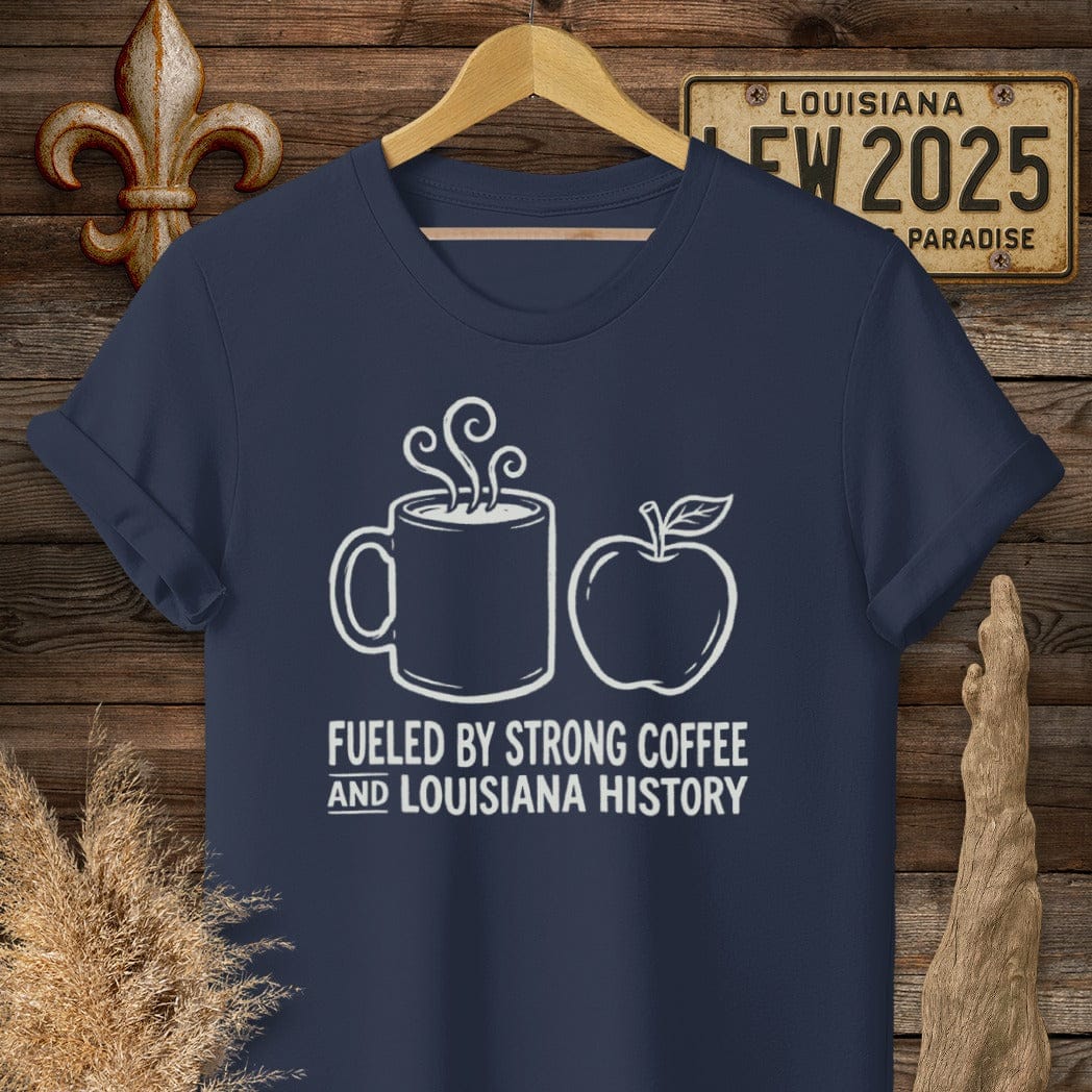S / Navy Louisiana Coffee & Louisiana History T-Shirt by Laissez Faire Wear