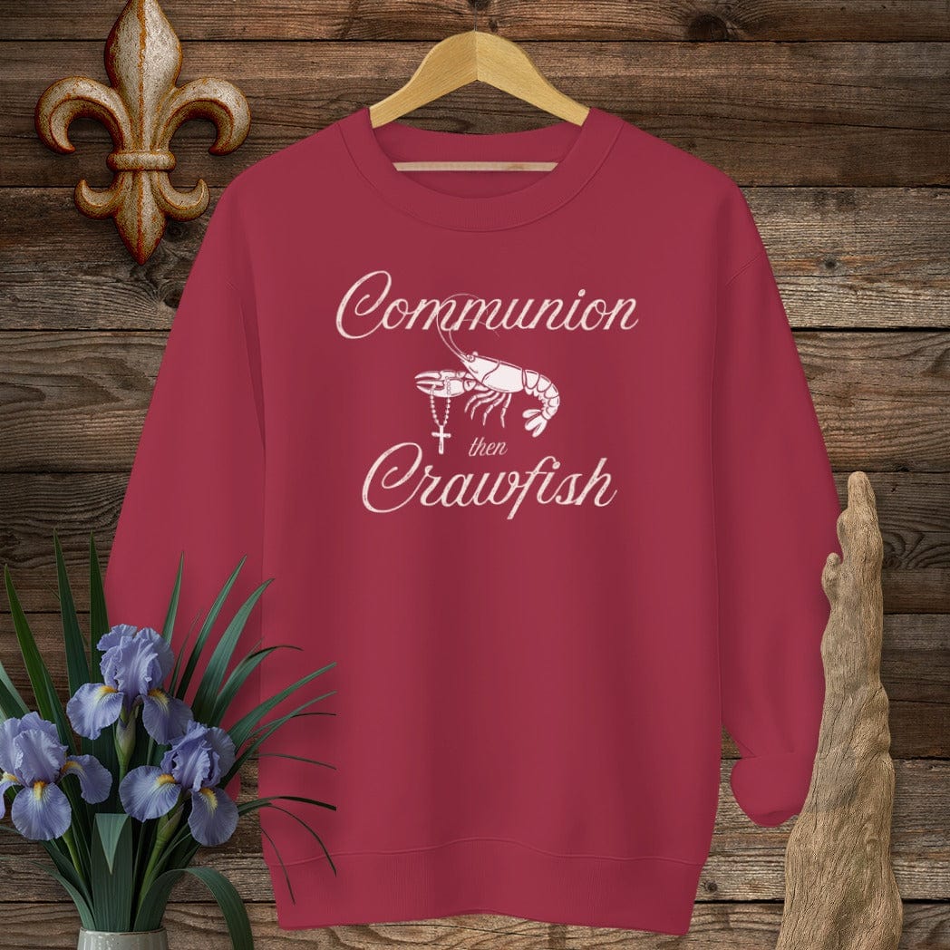 S / Cardinal Red Louisiana Communion Then Crawfish sweatshirt by Laissez Faire Wear