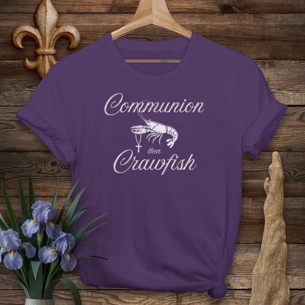 S / Purple Louisiana Communion Then Crawfish T-Shirt by Laissez Faire Wear