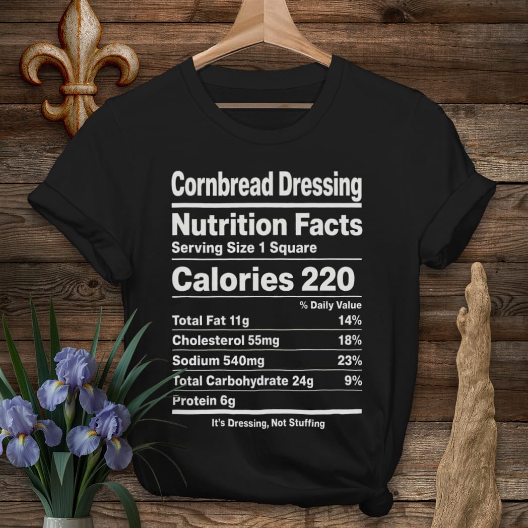 S / Black Louisiana Cornbread Dressing Nutrition T-Shirt by Laissez Faire Wear