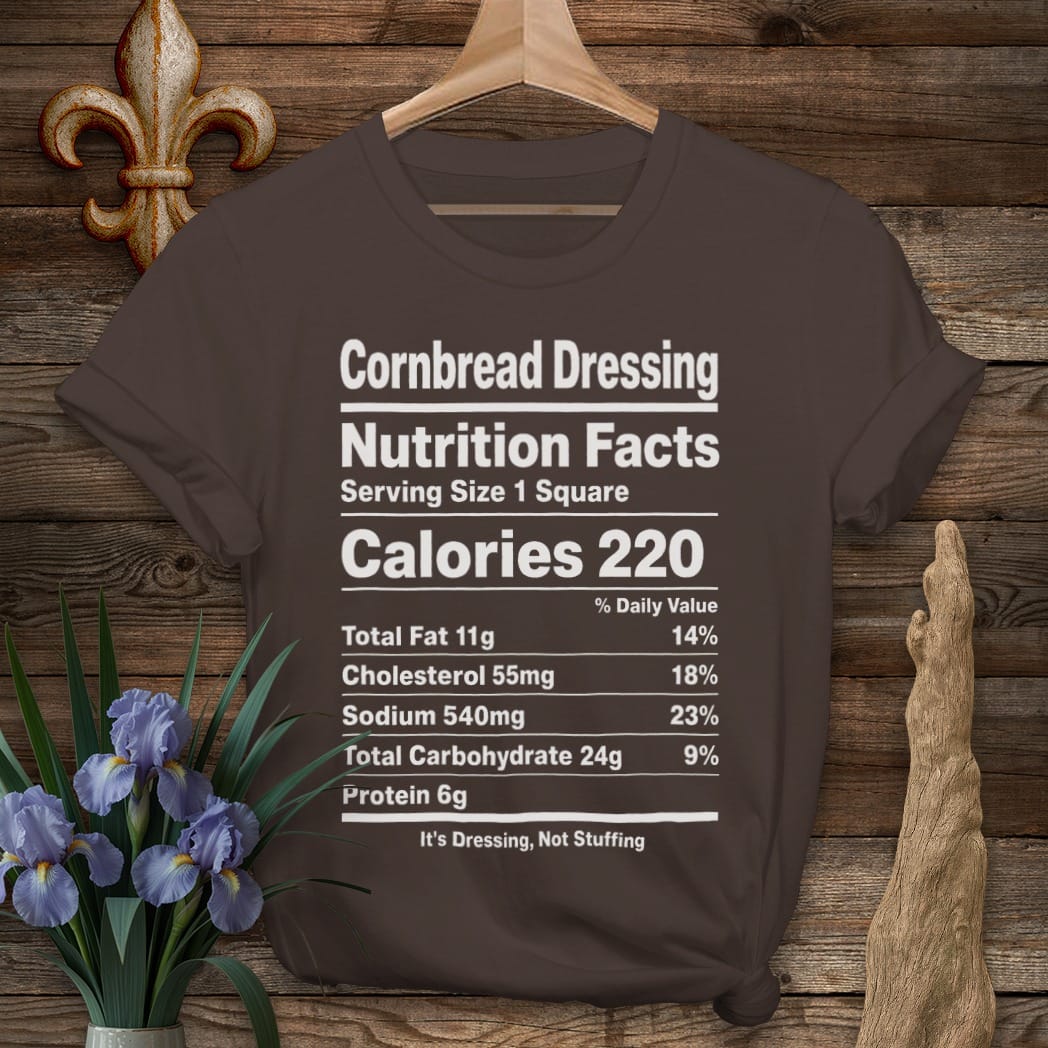 S / Dark Chocolate Louisiana Cornbread Dressing Nutrition T-Shirt by Laissez Faire Wear