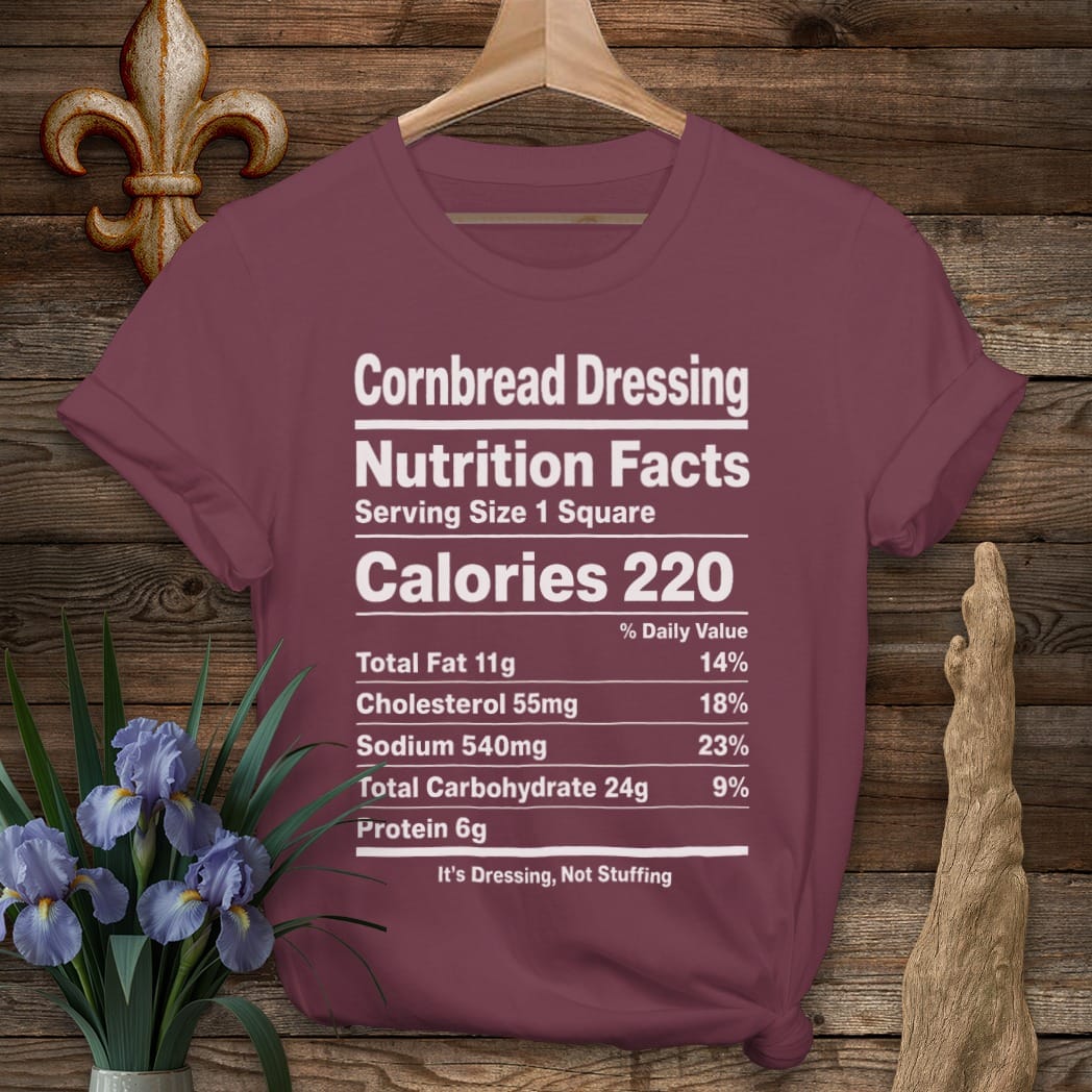 S / Maroon Louisiana Cornbread Dressing Nutrition T-Shirt by Laissez Faire Wear
