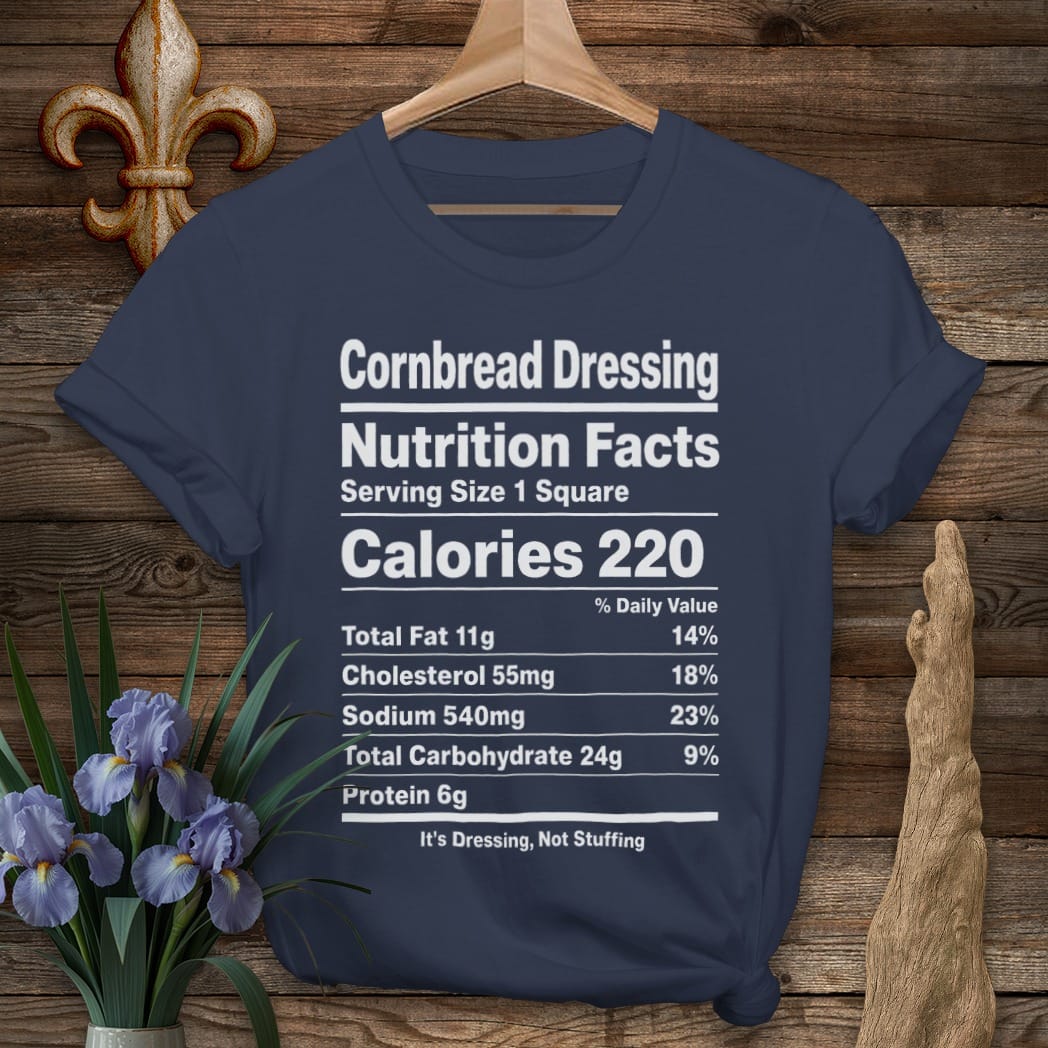S / Navy Louisiana Cornbread Dressing Nutrition T-Shirt by Laissez Faire Wear