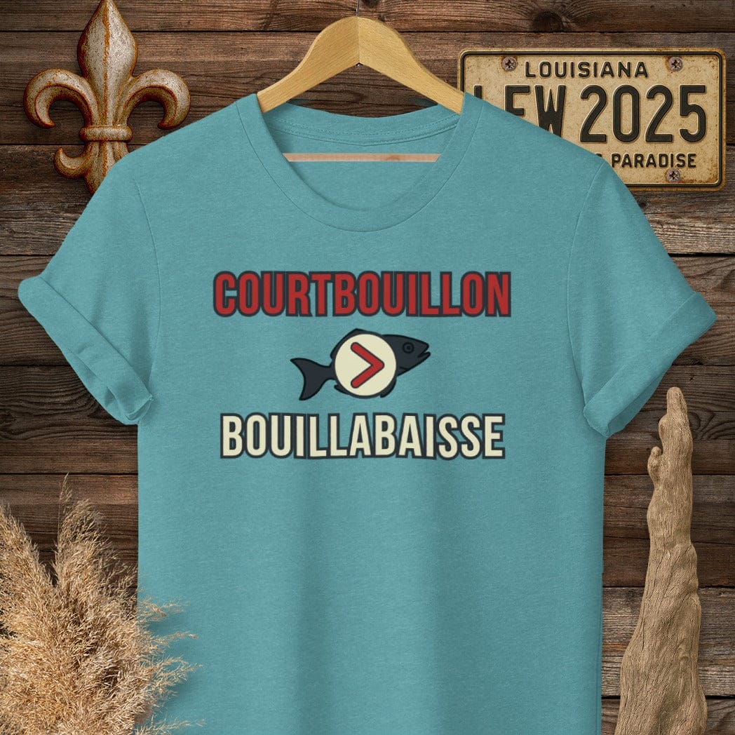 S / Heather Galapagos Blue Louisiana Courtbouillon > Bouillabaisse T-Shirt by Laissez Faire Wear