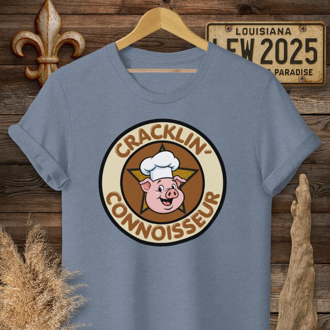 S / Heather Indigo Louisiana Cracklin Connoisseur T-Shirt by Laissez Faire Wear