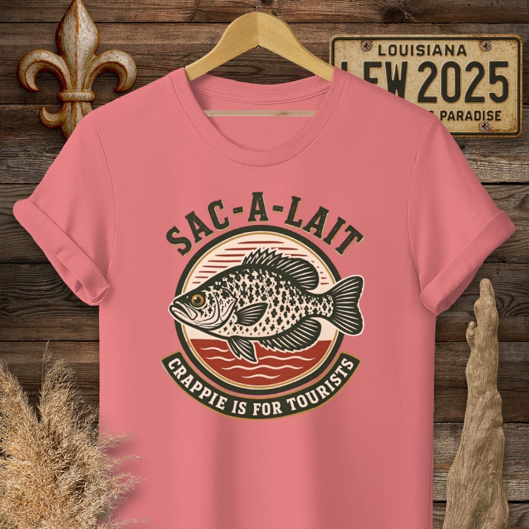 S / Coral Silk Louisiana Crappie is for Tourist T-Shirt by Laissez Faire Wear