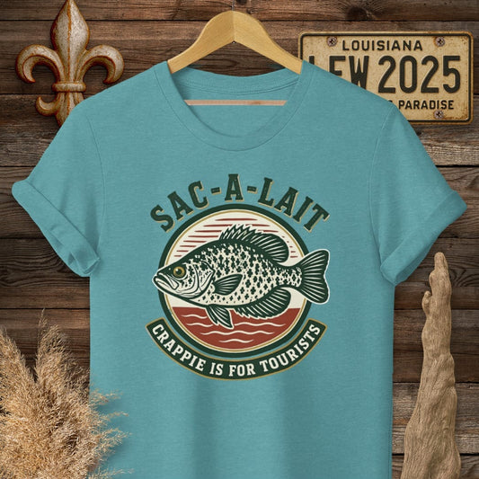 S / Heather Galapagos Blue Louisiana Crappie is for Tourist T-Shirt by Laissez Faire Wear