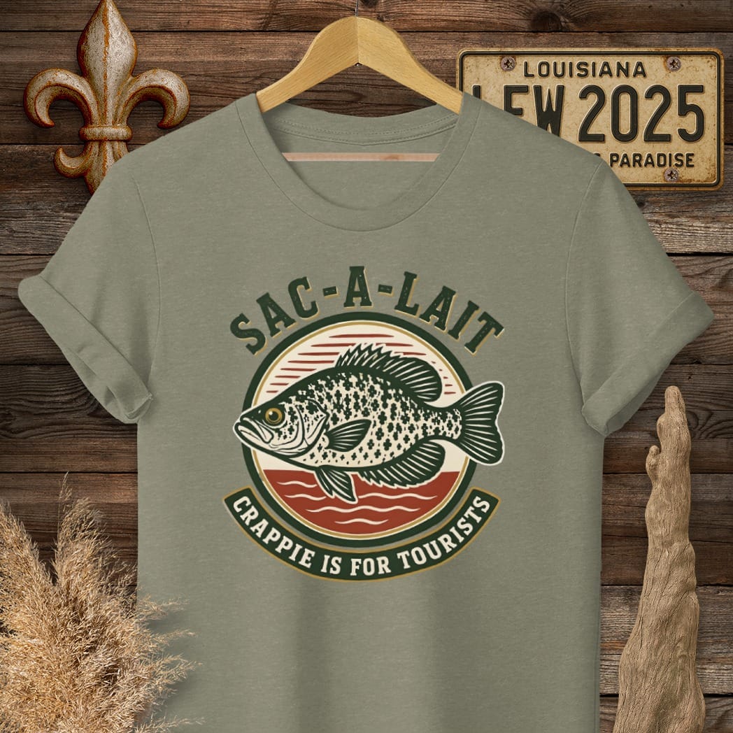 S / Heather Military Green Louisiana Crappie is for Tourist T-Shirt by Laissez Faire Wear