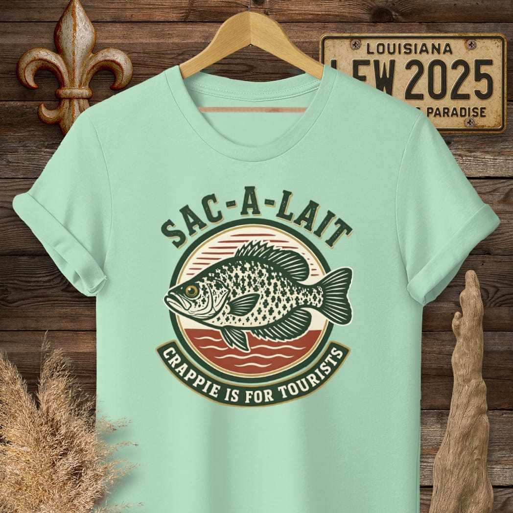 S / Mint Green Louisiana Crappie is for Tourist T-Shirt by Laissez Faire Wear