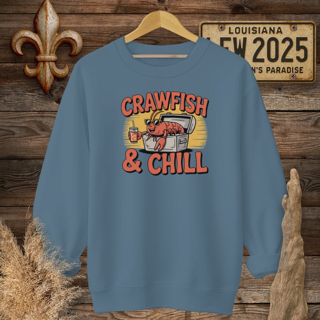 S / Indigo Blue Louisiana Crawfish and Chill Sweatshirt by Laissez Faire Wear