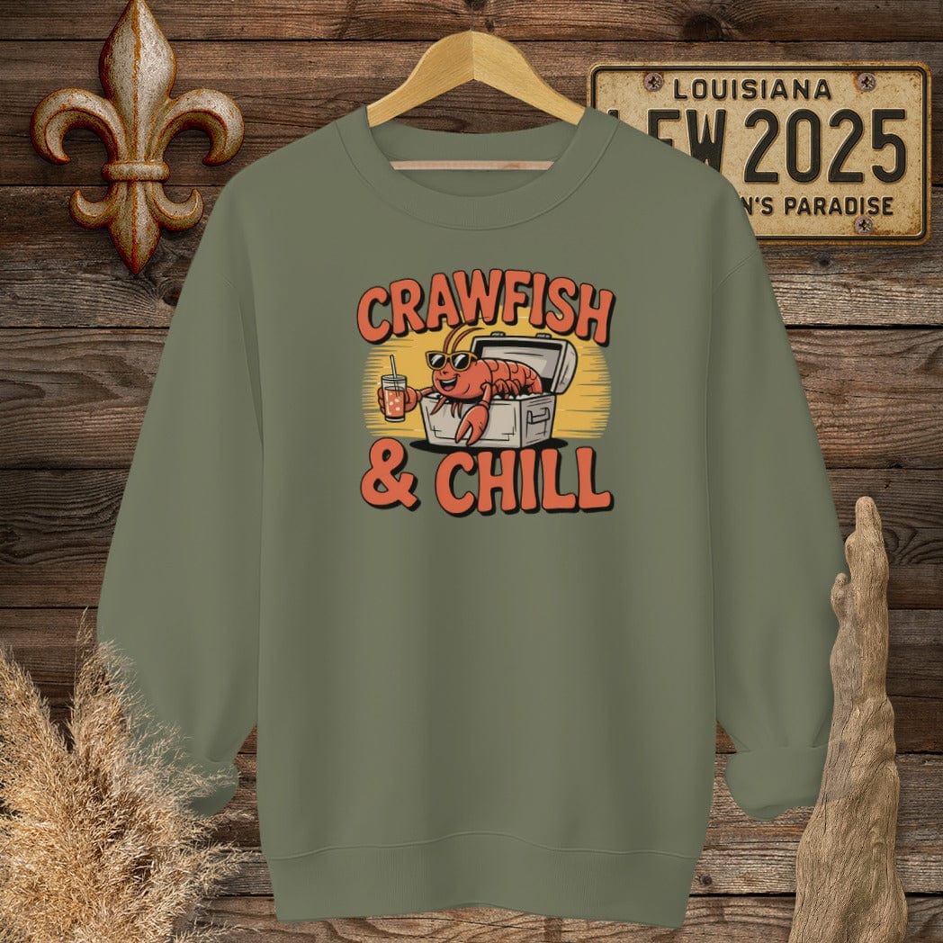 S / Military Green Louisiana Crawfish and Chill Sweatshirt by Laissez Faire Wear