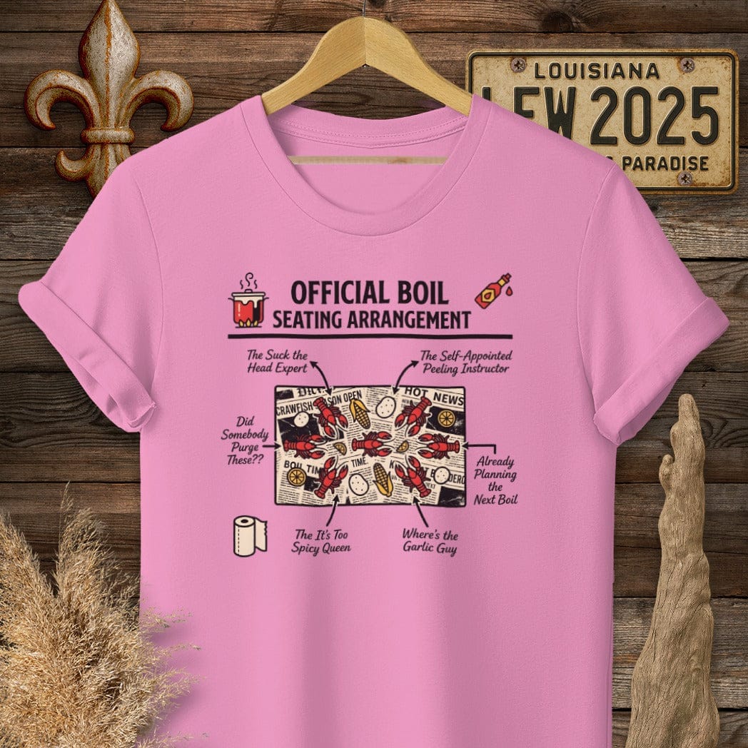 S / Azalea Louisiana Crawfish Boil Seating Chart T-Shirt by Laissez Faire Wear