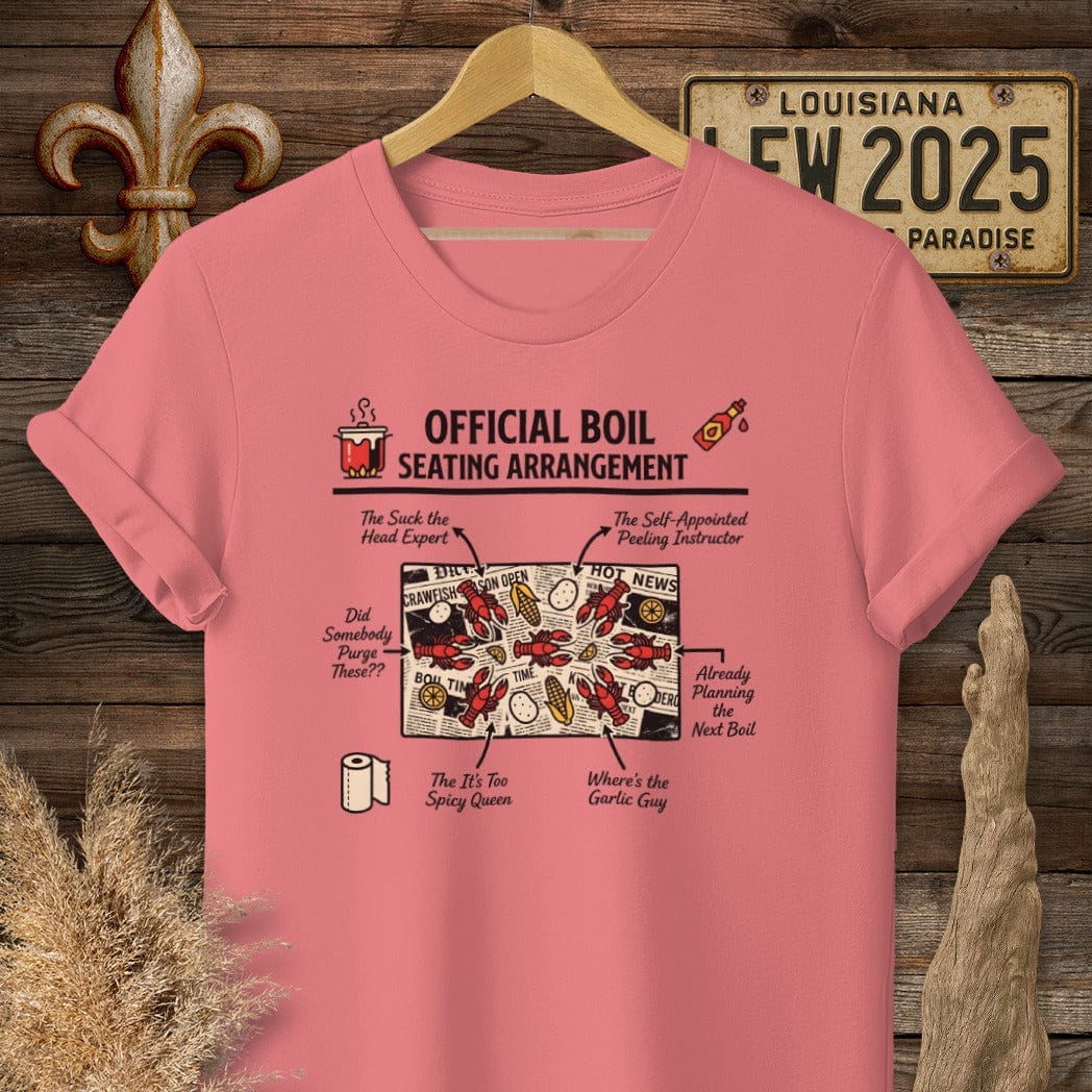 S / Coral Silk Louisiana Crawfish Boil Seating Chart T-Shirt by Laissez Faire Wear
