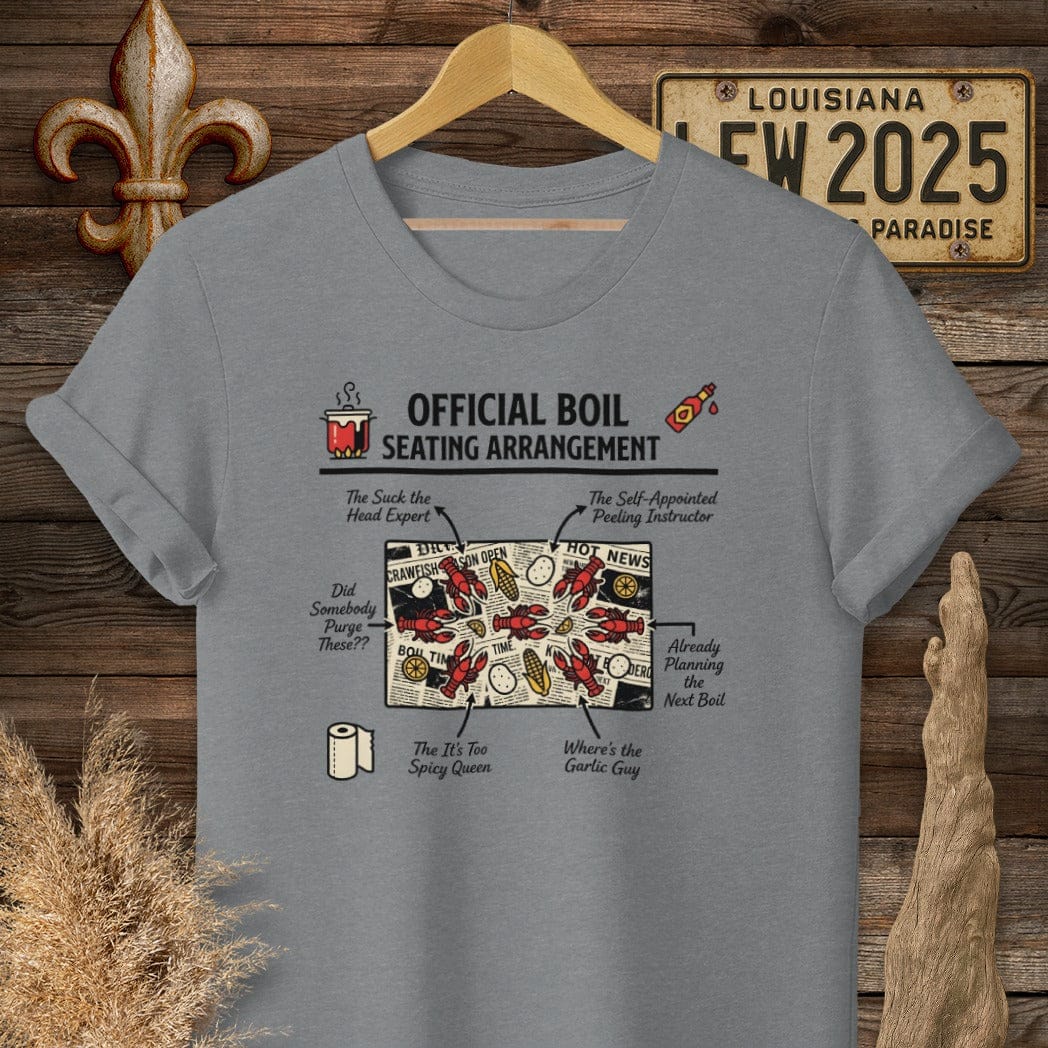 S / Graphite Heather Louisiana Crawfish Boil Seating Chart T-Shirt by Laissez Faire Wear