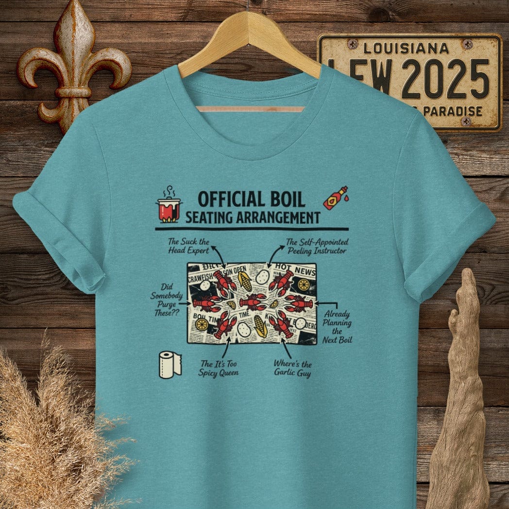 S / Heather Galapagos Blue Louisiana Crawfish Boil Seating Chart T-Shirt by Laissez Faire Wear