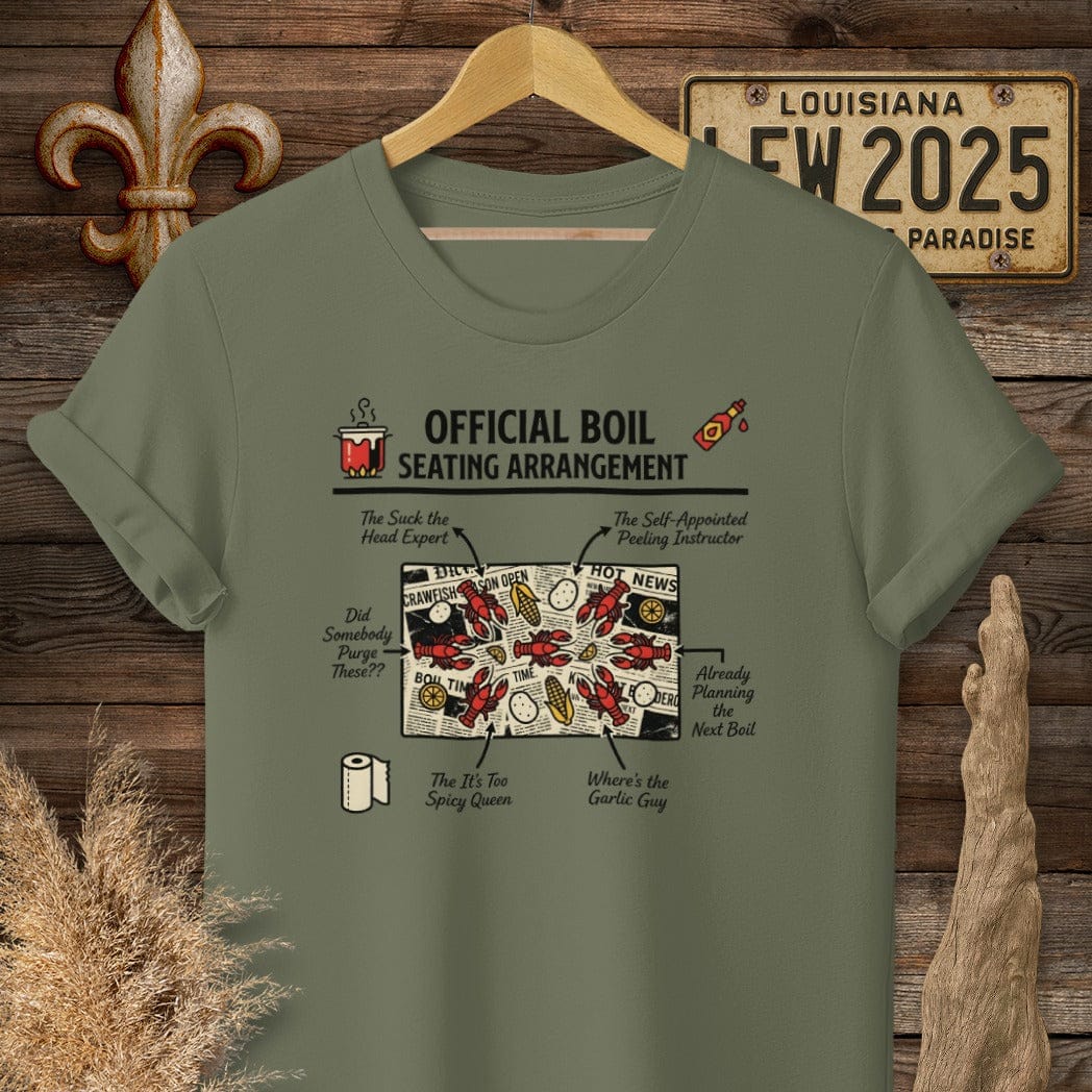 S / Military Green Louisiana Crawfish Boil Seating Chart T-Shirt by Laissez Faire Wear