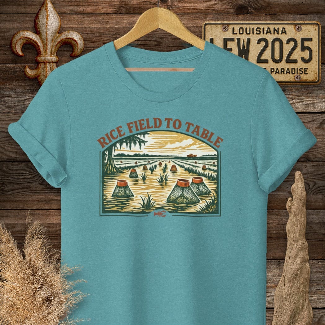 S / Heather Galapagos Blue Louisiana Crawfish Harvest T-Shirt by Laissez Faire Wear