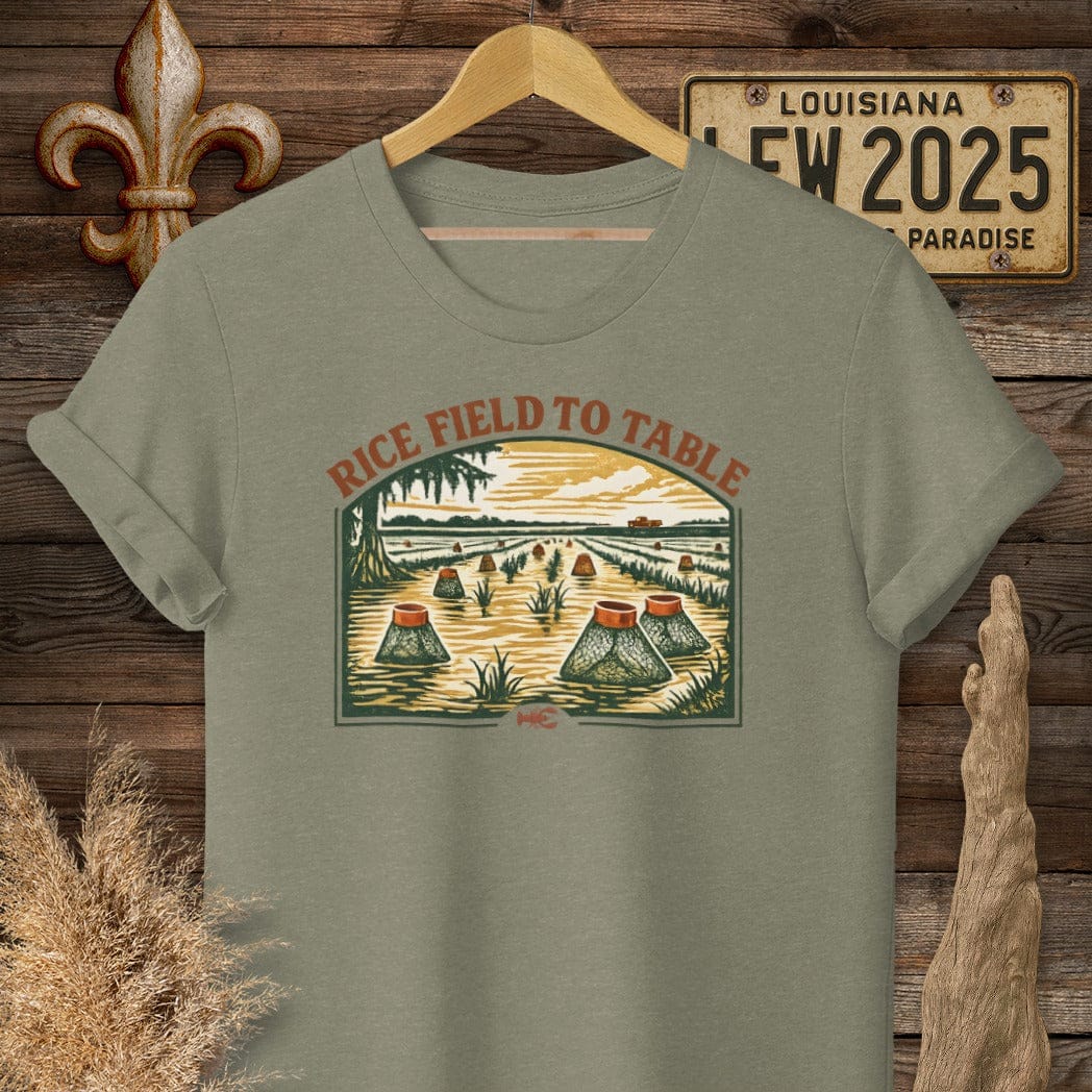 S / Heather Military Green Louisiana Crawfish Harvest T-Shirt by Laissez Faire Wear