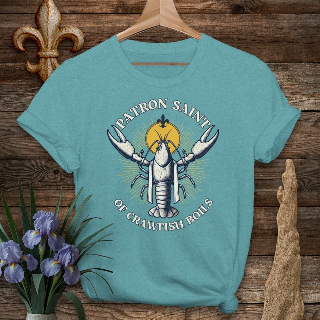 S / Heather Galapagos Blue Louisiana Crawfish Patron Saint T-Shirt by Laissez Faire Wear