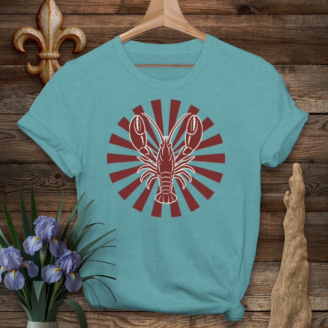 S / Heather Galapagos Blue Louisiana Crawfish Sun T-Shirt by Laissez Faire Wear