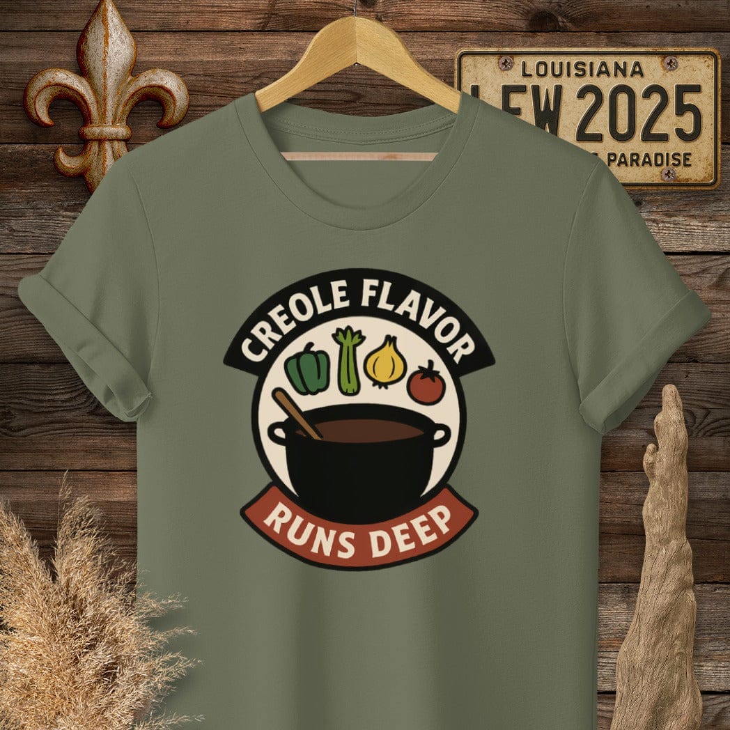 S / Military Green Louisiana Creole Flavor Runs Deep T-Shirt by Laissez Faire Wear