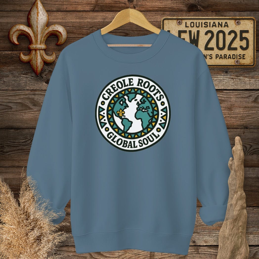 S / Indigo Blue Louisiana Creole Roots Global Soul Sweatshirt by Laissez Faire Wear