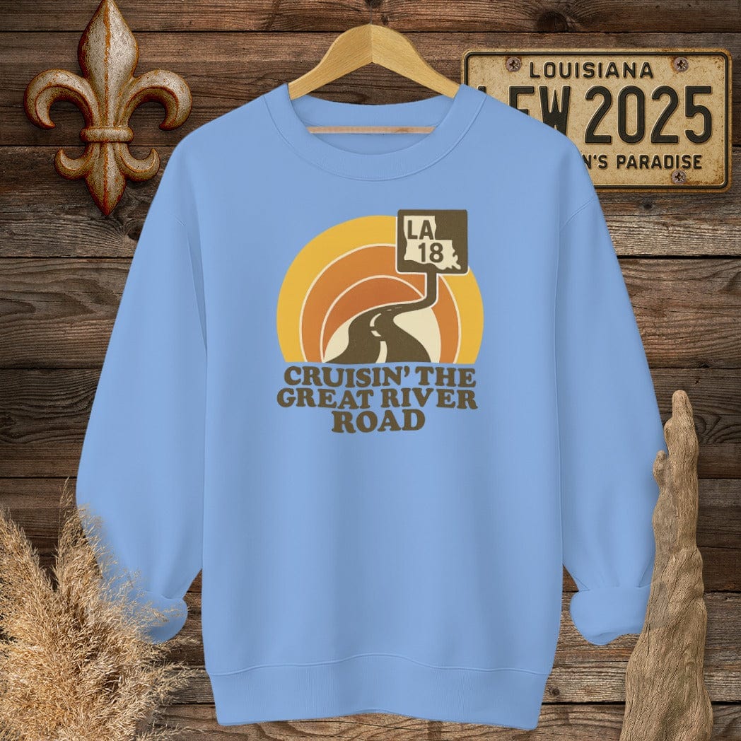 S / Carolina Blue Louisiana Cruisin' The Great River Road Retro Sweatshirt by Laissez Faire Wear