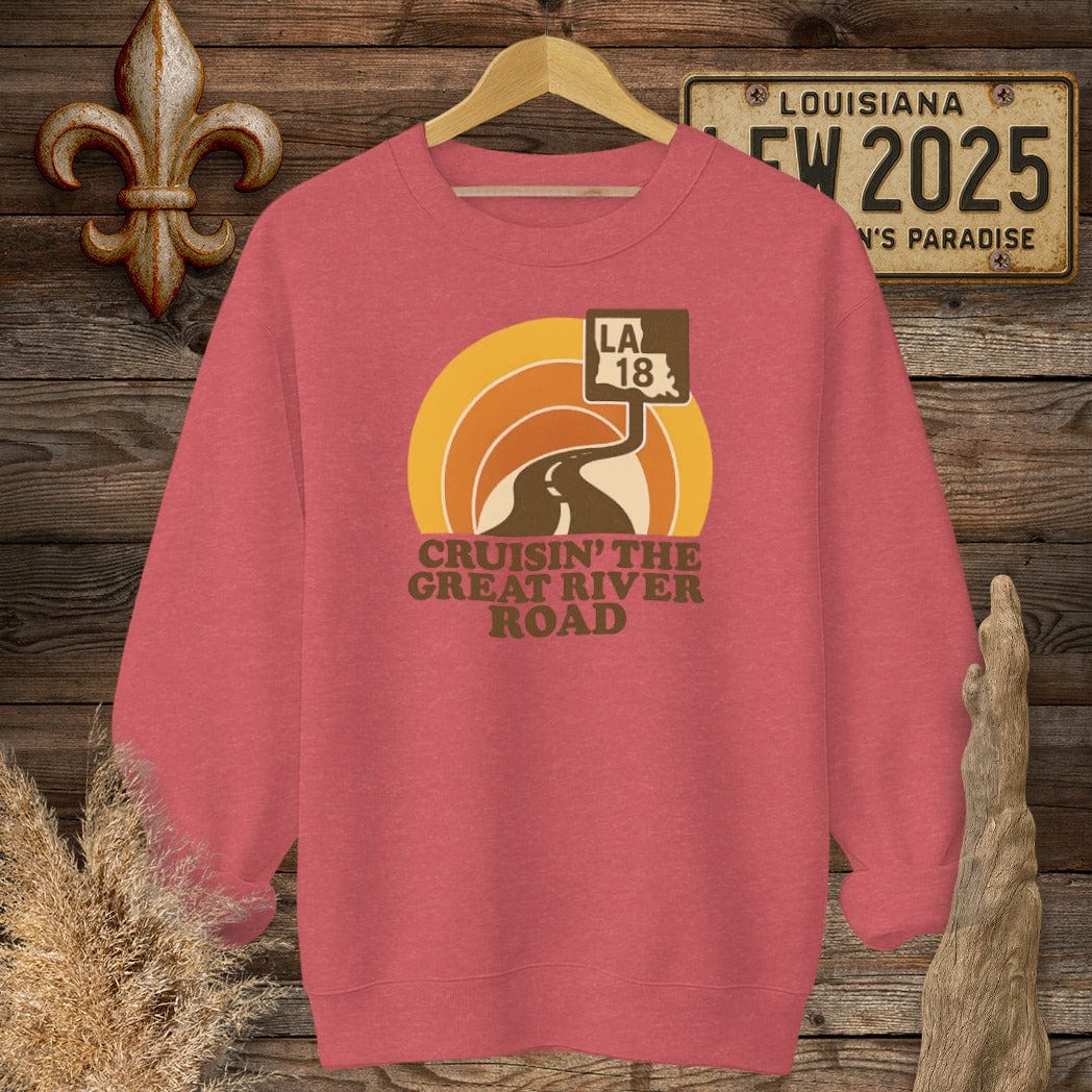 S / Heather Scarlet Red Louisiana Cruisin' The Great River Road Retro Sweatshirt by Laissez Faire Wear
