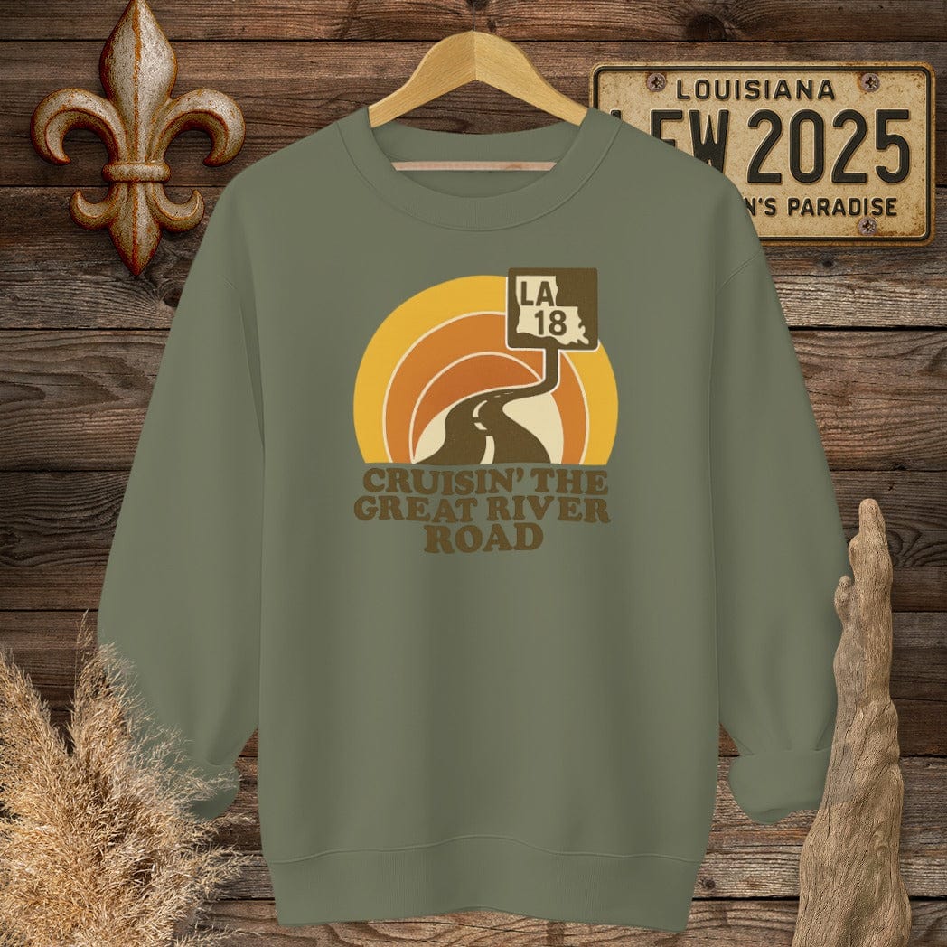 S / Military Green Louisiana Cruisin' The Great River Road Retro Sweatshirt by Laissez Faire Wear