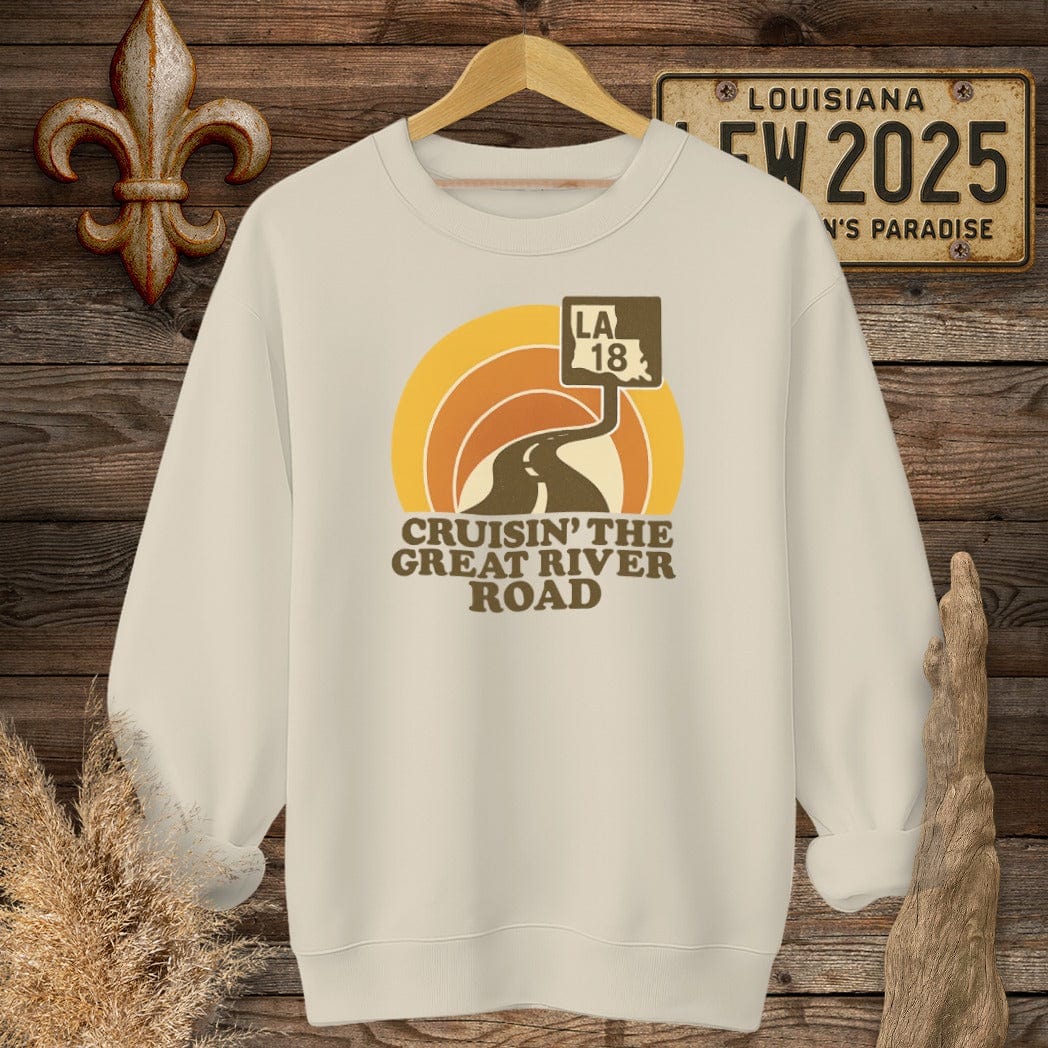 S / Sand Louisiana Cruisin' The Great River Road Retro Sweatshirt by Laissez Faire Wear