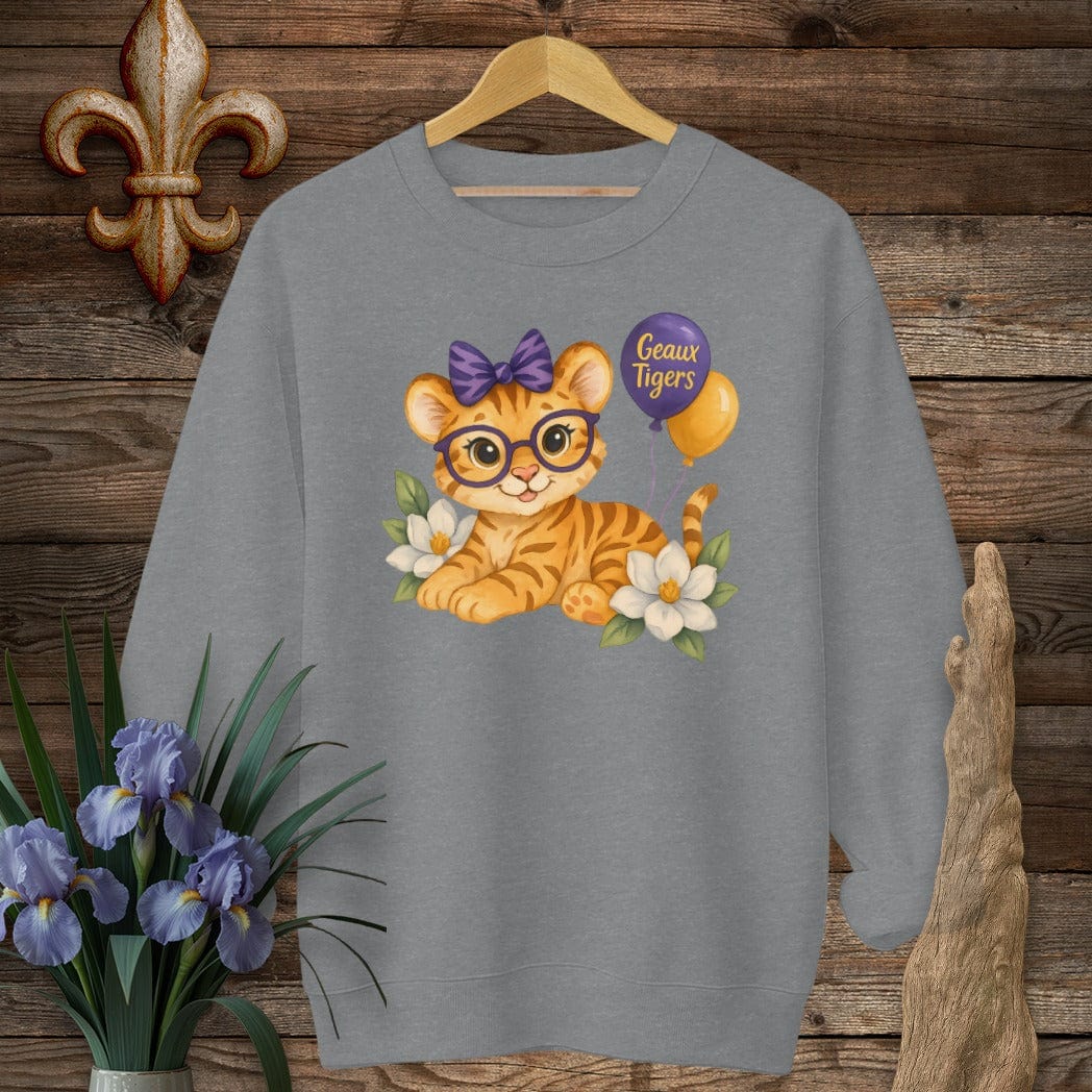 S / Graphite Heather Louisiana Cute Kitty - Geaux Tigers Game Day Sweatshirt by Laissez Faire Wear
