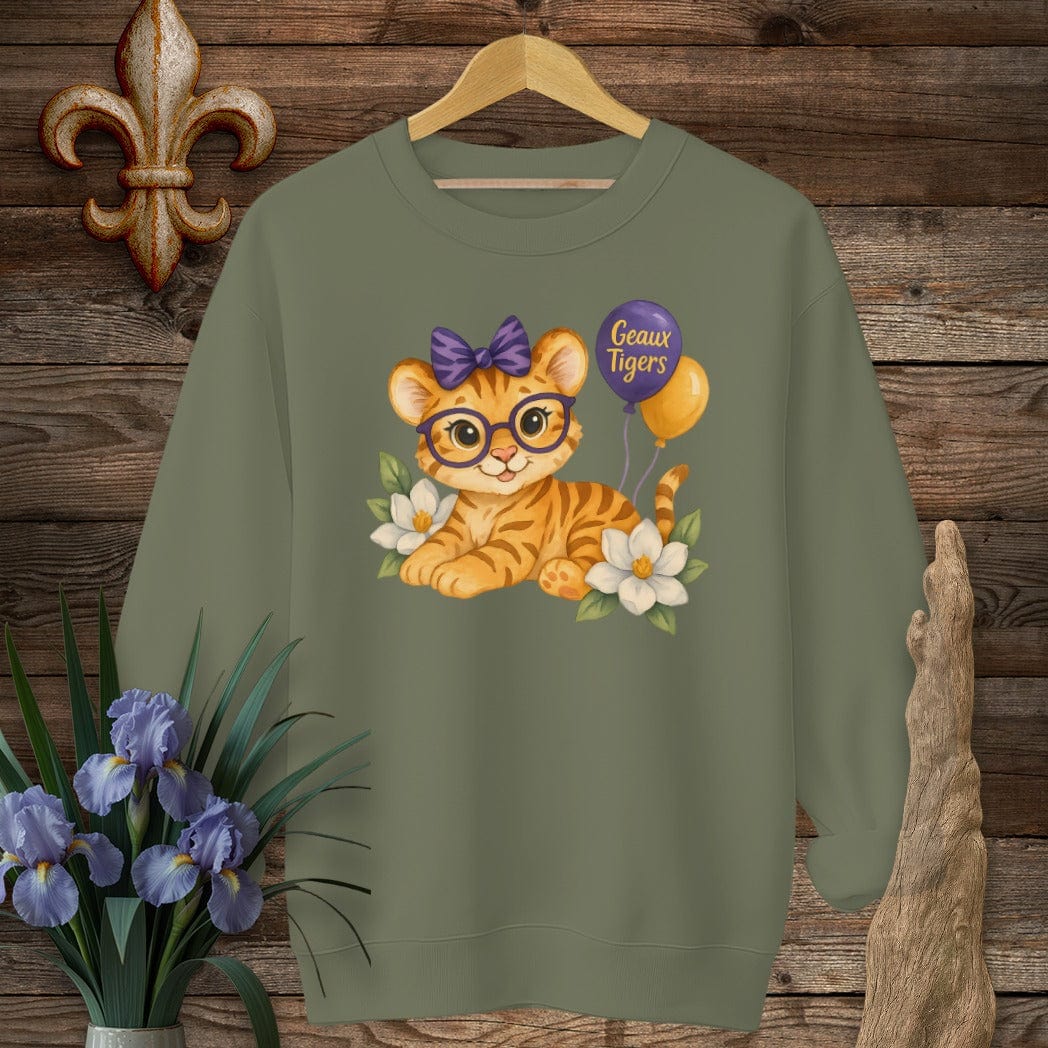 S / Military Green Louisiana Cute Kitty - Geaux Tigers Game Day Sweatshirt by Laissez Faire Wear