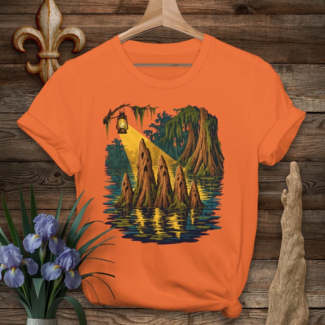 S / Orange Louisiana Cypress Knee Ghost Choir T-Shirt by Laissez Faire Wear