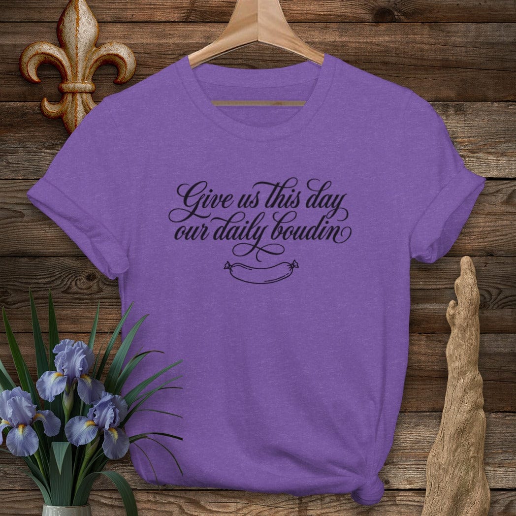 S / Heather Purple Louisiana Daily Boudin T-Shirt by Laissez Faire Wear