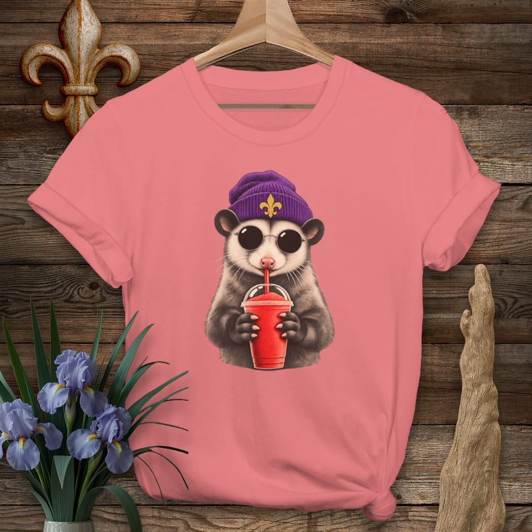 S / Coral Silk Louisiana Daiquiri Possum T-Shirt by Laissez Faire Wear