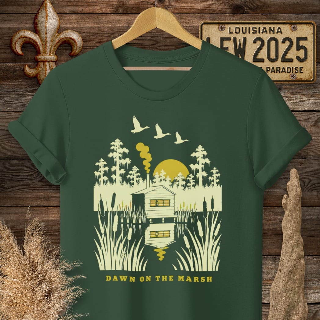 S / Forest Green Louisiana Dawn on the Marsh T-Shirt by Laissez Faire Wear
