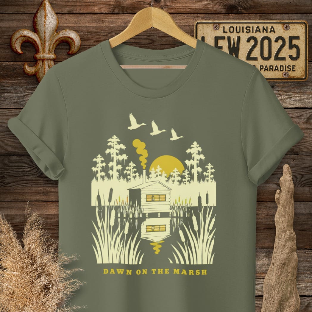 S / Military Green Louisiana Dawn on the Marsh T-Shirt by Laissez Faire Wear