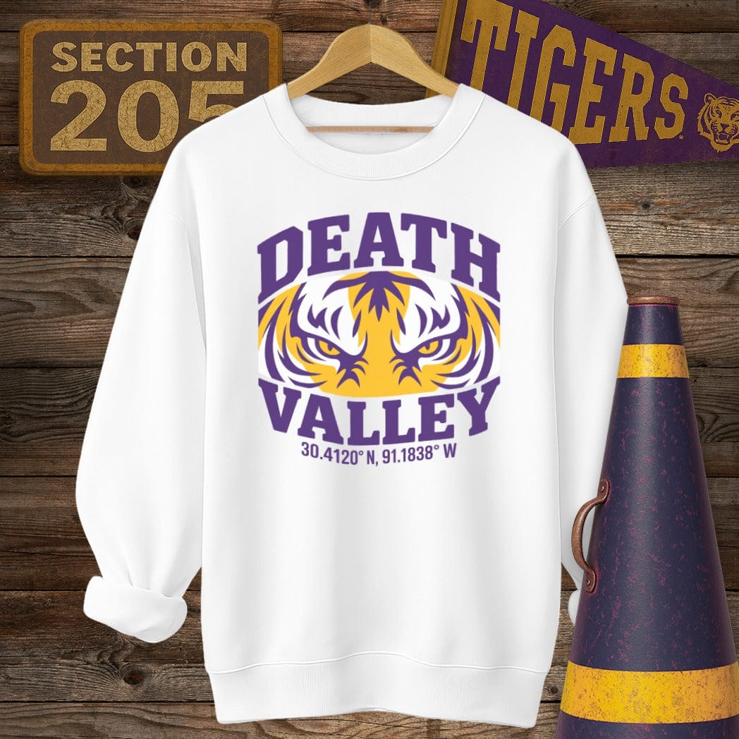 S / White Louisiana Death Valley Coordinates Game Day Sweatshirt by Laissez Faire Wear