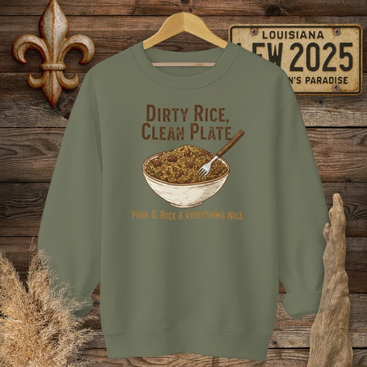 S / Military Green Louisiana Dirty Rice Sweatshirt by Laissez Faire Wear