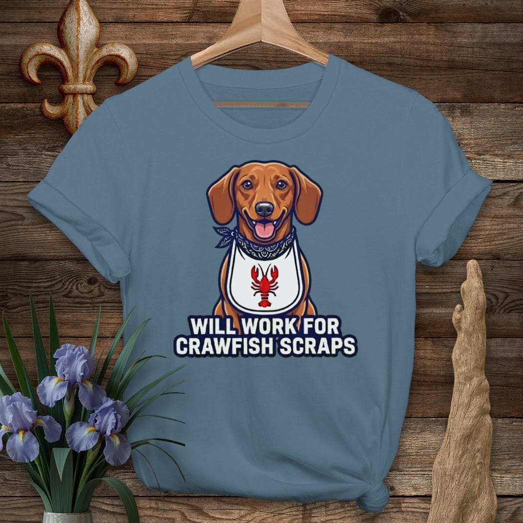 S / Indigo Blue Louisiana Doxie Crawfish Scraps T-Shirt by Laissez Faire Wear