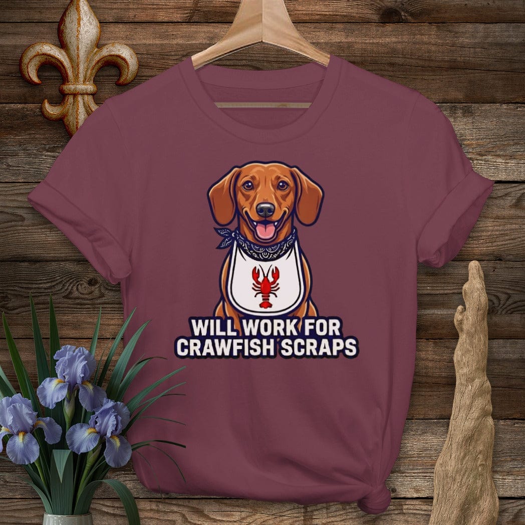 S / Maroon Louisiana Doxie Crawfish Scraps T-Shirt by Laissez Faire Wear