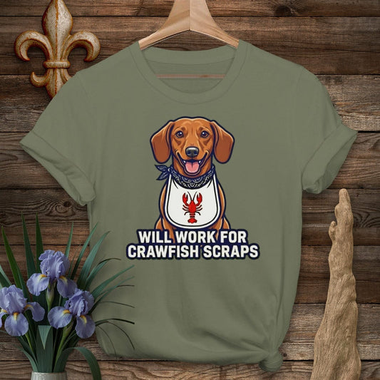 S / Military Green Louisiana Doxie Crawfish Scraps T-Shirt by Laissez Faire Wear