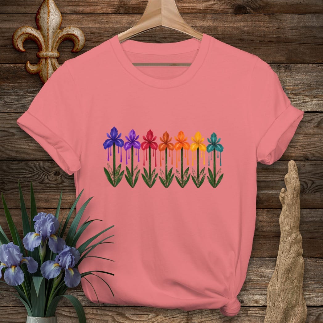 S / Coral Silk Louisiana Dripping Irises T-Shirt by Laissez Faire Wear