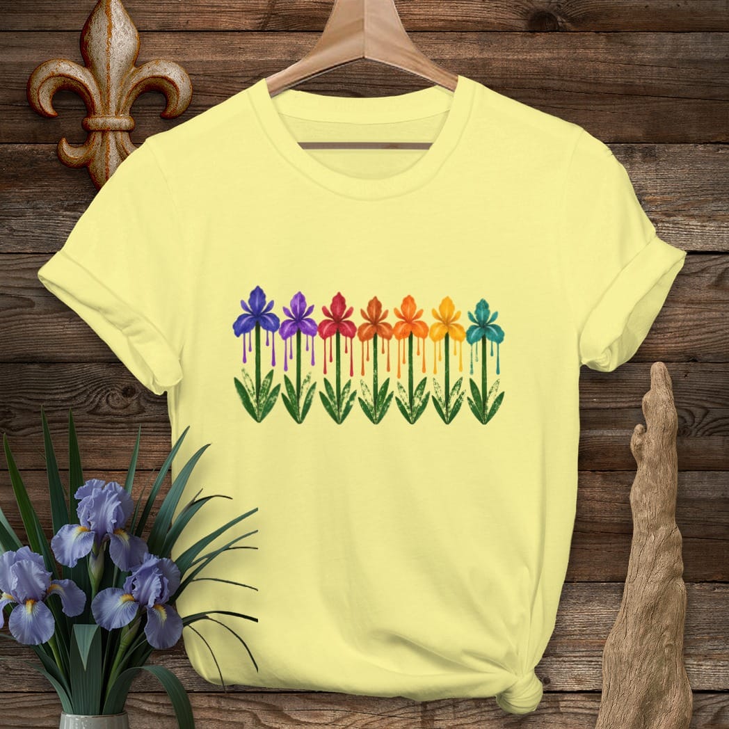 S / Cornsilk Louisiana Dripping Irises T-Shirt by Laissez Faire Wear