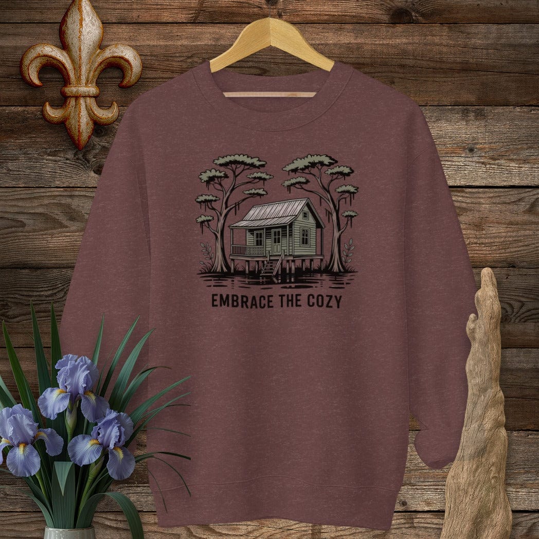 S / Heather Sport Dark Maroon Louisiana Embrace The Cozy Sweatshirt by Laissez Faire Wear